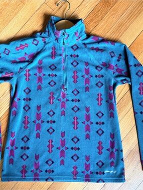 Eddie Bauer Green/Blue and Magenta Patterned Half-Zip Fleece Pullover